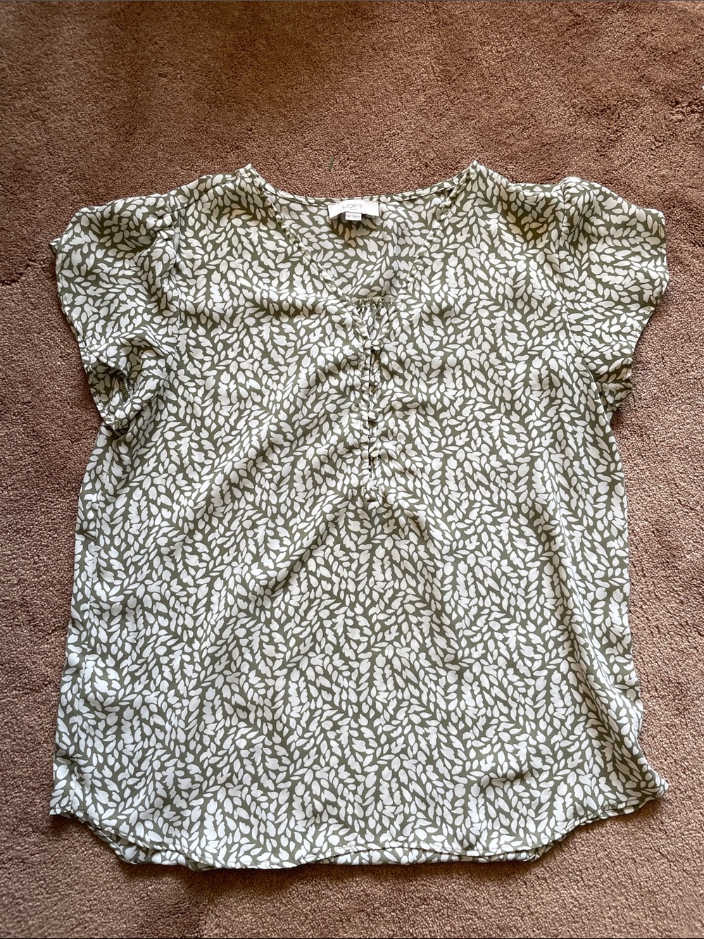 LOFT Olive Green and White Leaf Print Short Sleeve Blouse